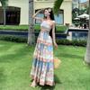 Bohemian Hollow Out Spaghetti-Strap Tiered Maxi Dress for Women Summer Sleeveless Backless Tie Up Slim Printed Beach Dress