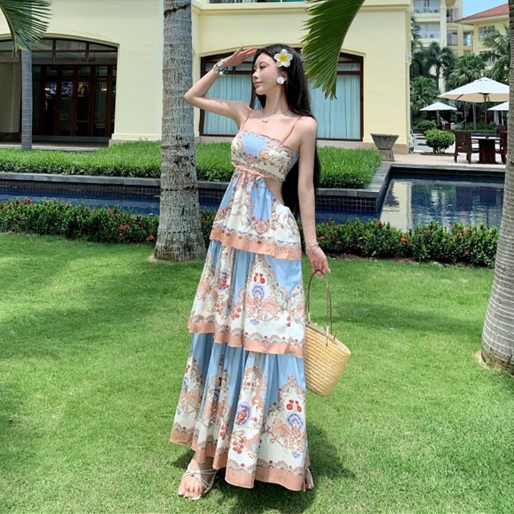 Bohemian Hollow Out Spaghetti-Strap Tiered Maxi Dress for Women Summer Sleeveless Backless Tie Up Slim Printed Beach Dress