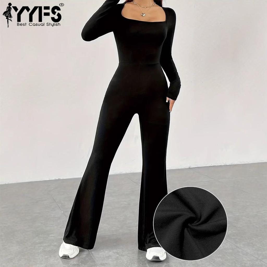 YYFS Women's Fashion Casual Spring Fall Solid Color Print Long Sleeve Square Collar High Waist Trousers Jumpsuits & Rompers