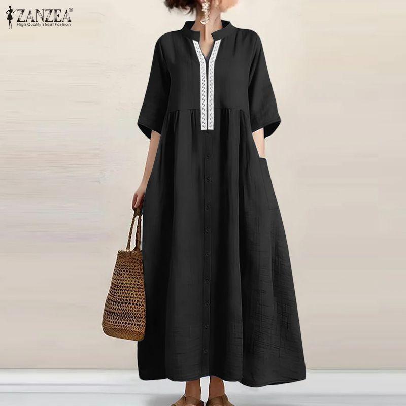 ZANZEA Womens Casual Lace Splice V-Neck Summer Half Sleeve Long Dress