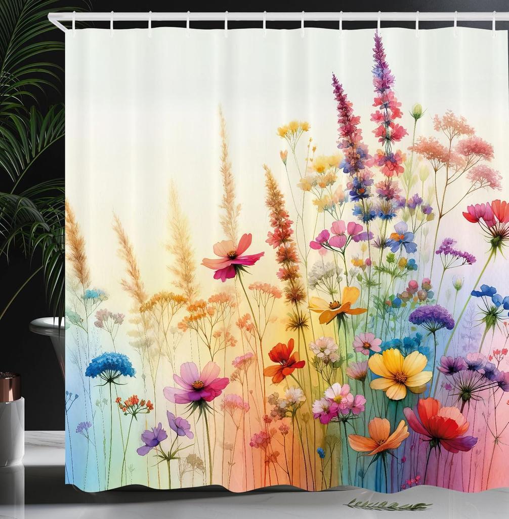 Hippie Shower Curtain, Daisy Look Flowers on Abstract Groovy Style Waves Retro 60s 70s Vibes, Cloth Fabric Bathroom Decor Set