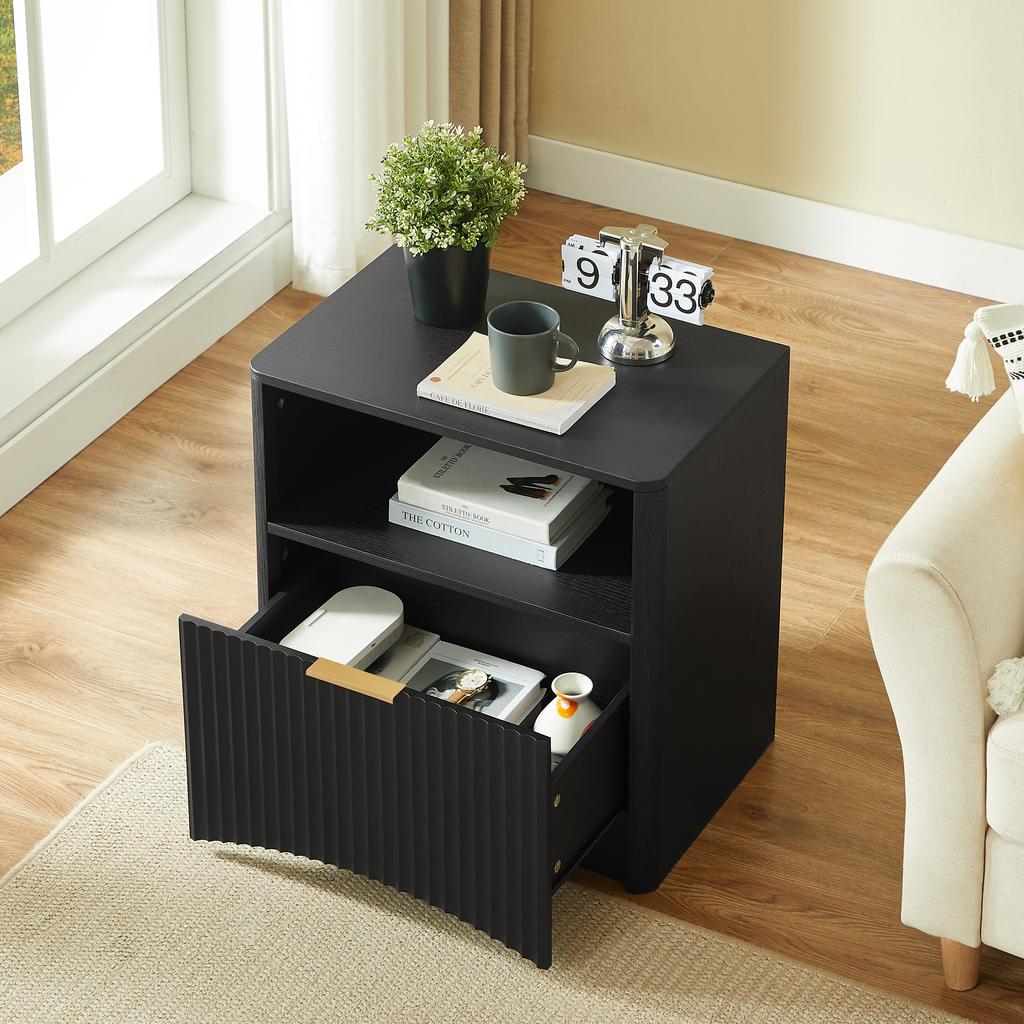 Grooved nightstand with open drawer and gold handles, space-saving, suitable for bedroom and living room, black