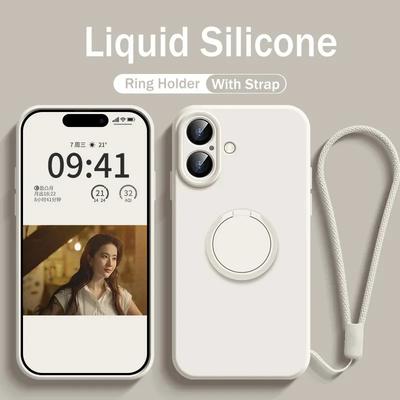 Hautgefühl Flüssigsilikon Handyhülle für iPhone 17 16 15 14 Plus 13 12 Pro Max Stoßfest Weiche Autoabdeckung mit Ringhalter-Riemen