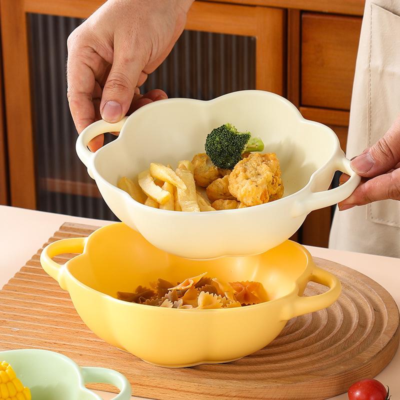 Nordic Creative Ceramic Binaural Lace Bowl Household Cream Wind Tableware Fruit Salad Bowl With Ears Instant Noodle Bowl Soup Bowl