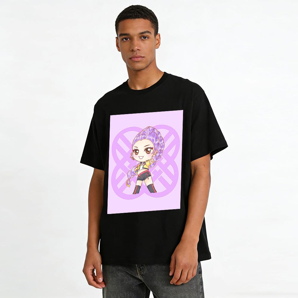 Cute Purple Braid Girl Print T-shirt, Trendy Chinese Style Casual Loose Crew Neck Top For Daily Wear Pure cotton T-shirt