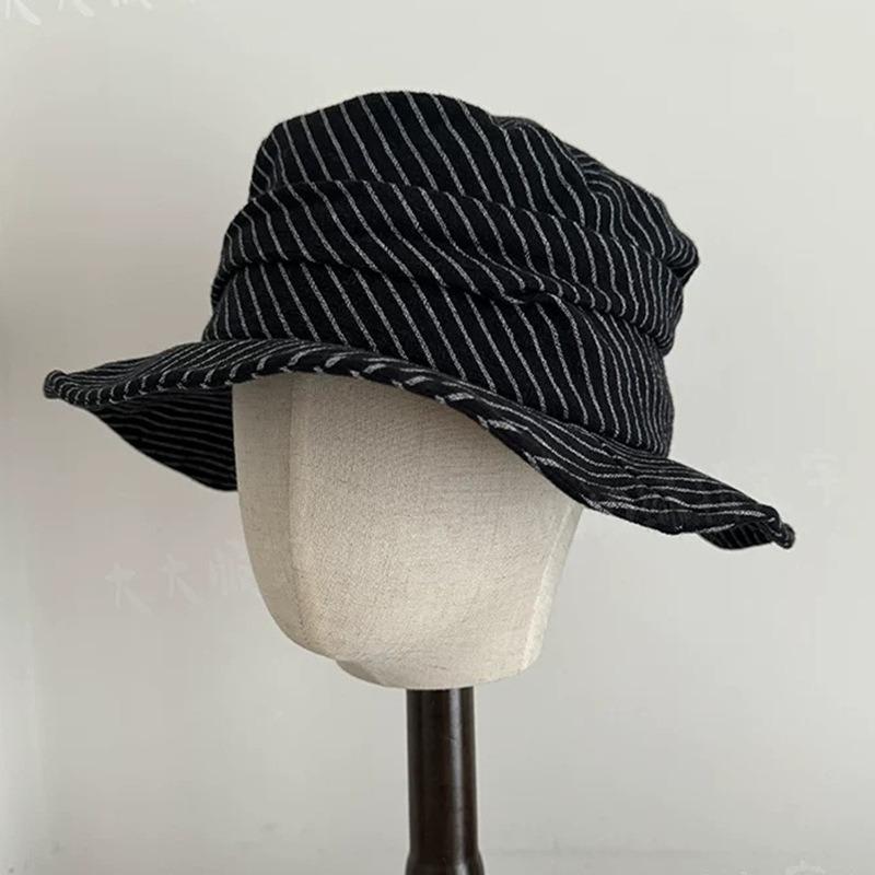 Japanese Wind Striped Pleated Bucket Hat Spring Summer Design Sense Niche Plaid Cotton Linen Breathable Sunscreen Basin Sun Hat