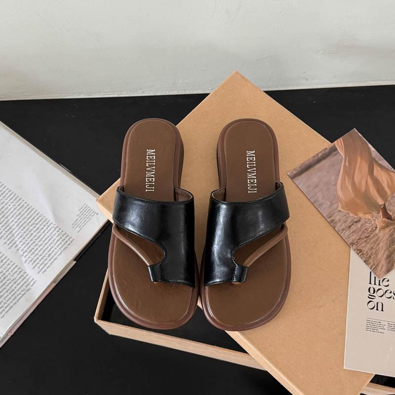 Fashion 2025Women's Slippers Toe Clip Flat Sole Belt Buckle Shoes Dress Leisure Roman Retro Korean Style Summer Zapatillas De Mujer