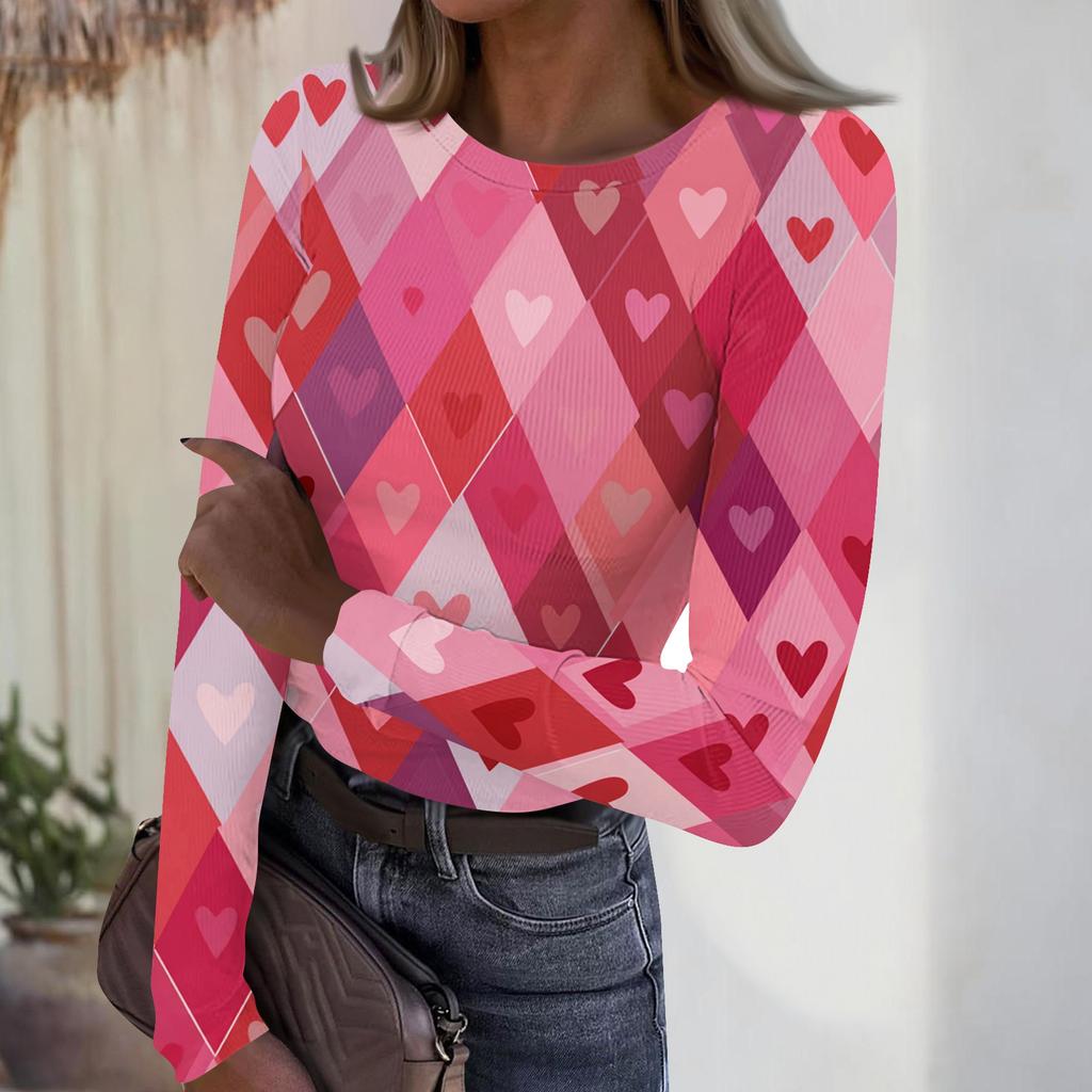 Women's Casual And Fashionable Round,neck Long,sleeved Ribbed Top With Valentine's Day Print.