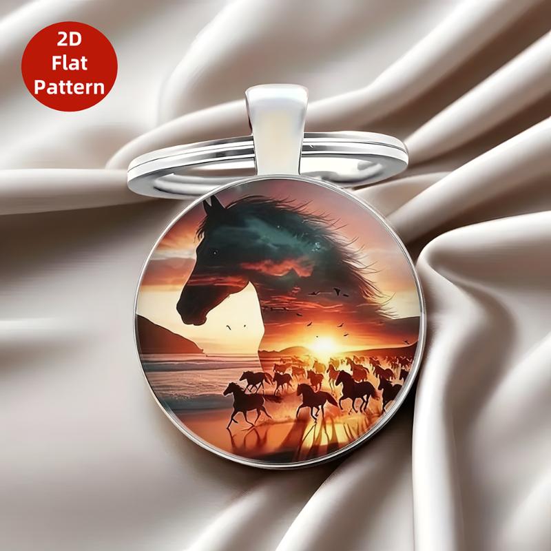 Fashion Vintage Horse Pattern Design Dome Glass Alloy Keychain Backpack Pendant Hanging Decoration Car Keyring Gifts