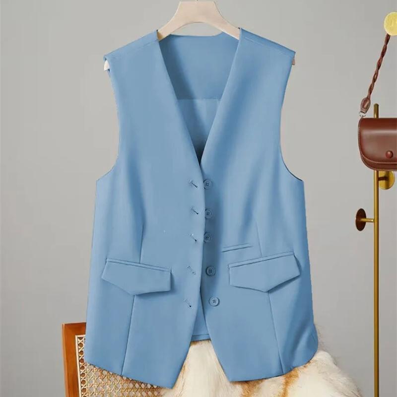 

Vest Women Sleeveless Jacket Waistcoat V Neck Single Breasted Tops Outerwear Spring Summer Female Office Lady Vintage 2XL синій