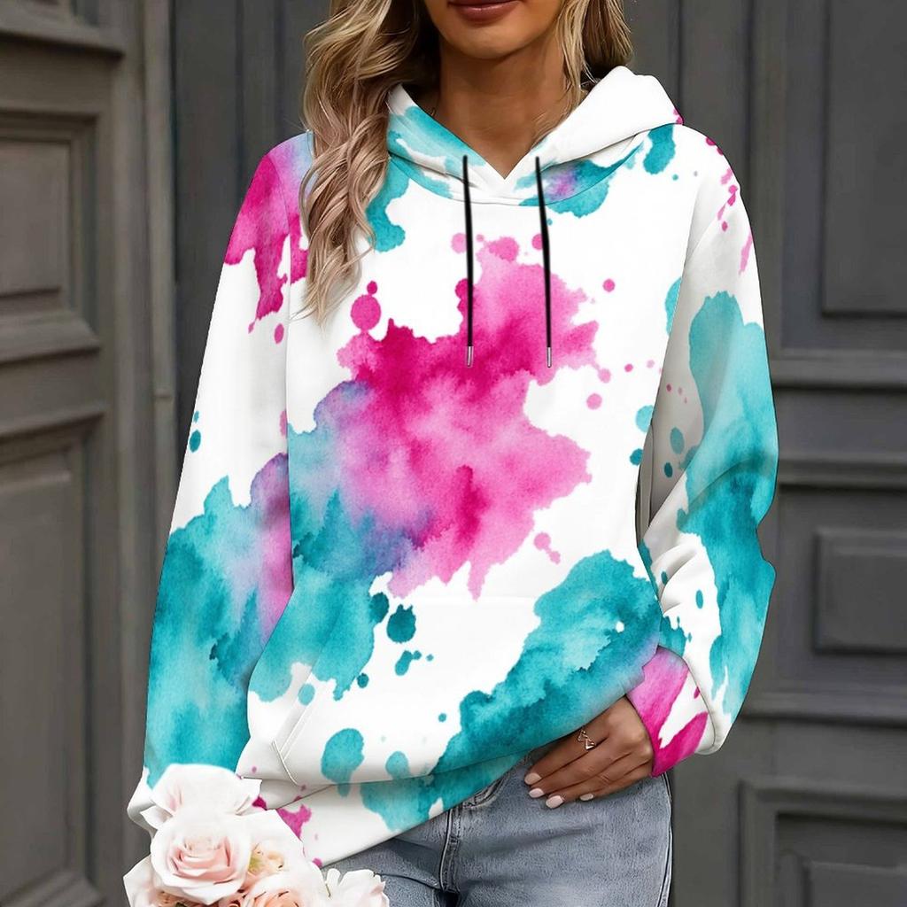 Women Plus Size Long Sleeve Drawstring Hoodie Watercolor Cloud Printed Kangaroo Pocket Pullover