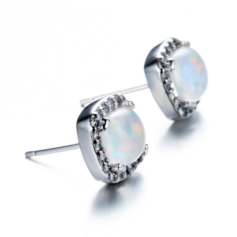 Wish Fashion Commuter Four-claw Edge Inlaid White Diamond Blue and White Opal Earrings Natural and Simple