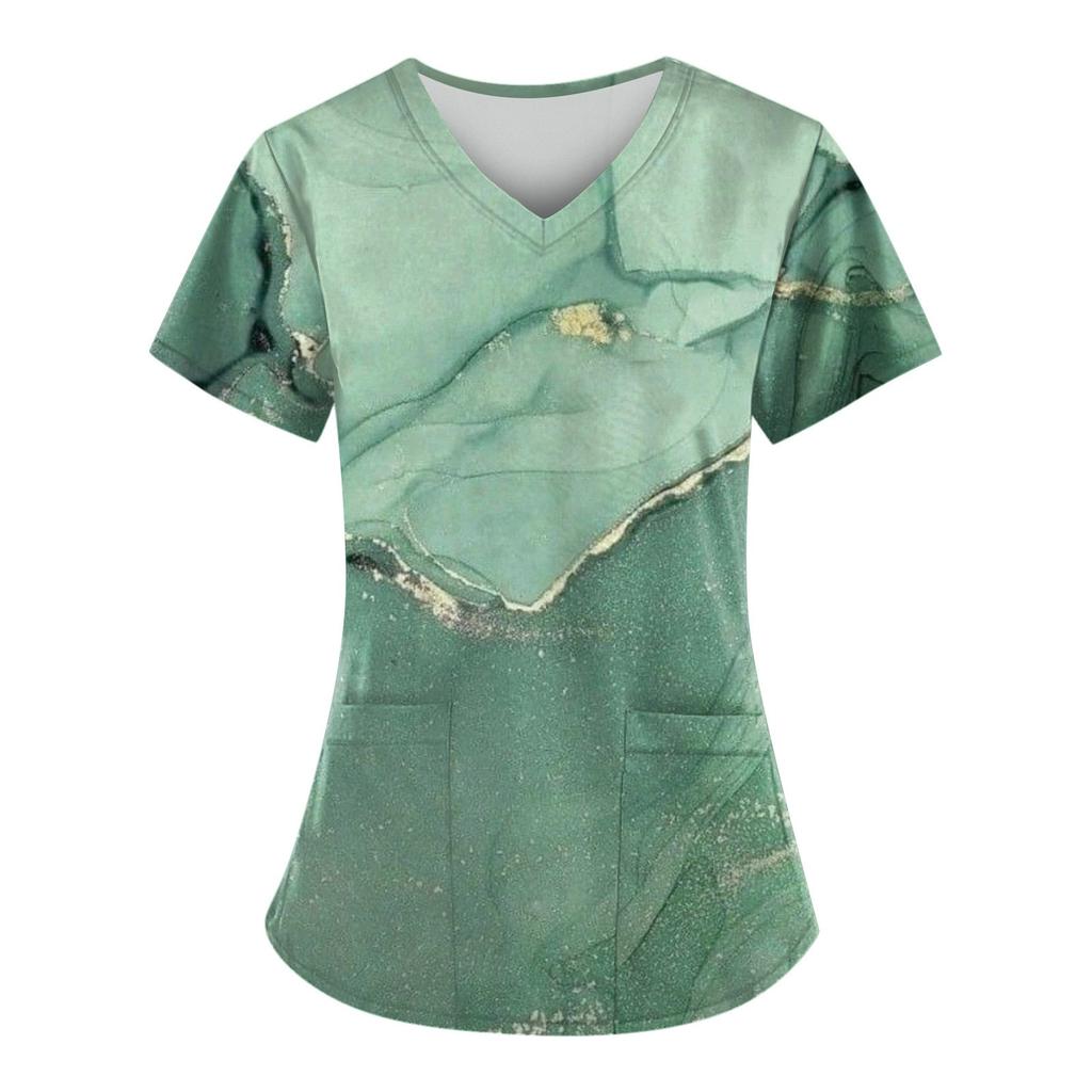 Dámská módní pracovní uniforma s potištěným tričkem a krátkým rukávem