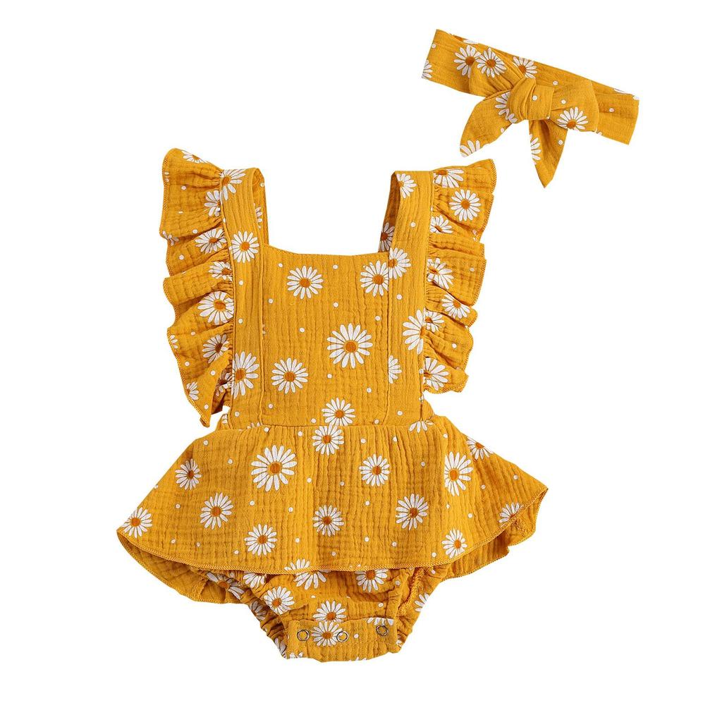 Toddler Girls Romper, Floral Top, No Sleeve Pleated Crotch Buttons Summer Skirt Flouncing Bowknot Headband