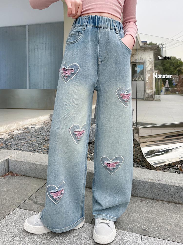Girls' Loose Wide-Leg Jeans - Korean Style, Spring/Autumn Fashion, Casual Straight Leg Pants for Middle & Big Kids