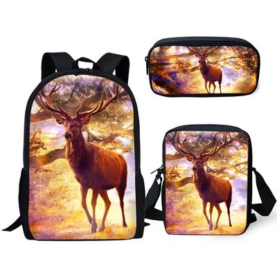Classique Populaire Nouveauté Cerf Impression 3D 3 pièces/Ensemble élève Sacs d'école Sac à dos pour ordinateur portable Sac à dos Sac à bandoulière incliné Trousse