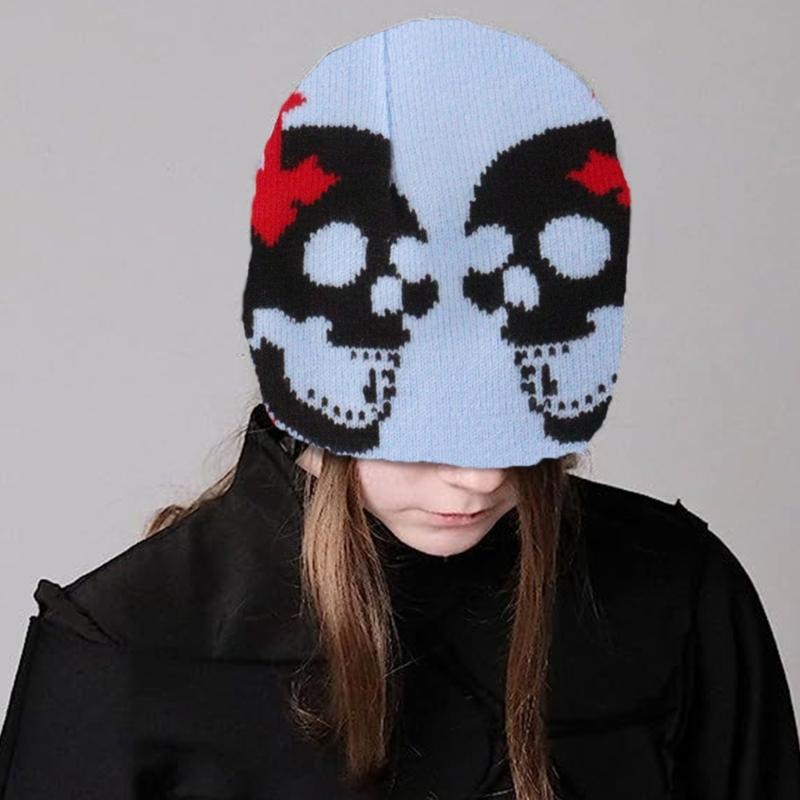 Knit Double Skull Beanie Hat for Students Adult Windproof Foldable Winter Hat Handmade Halloween Keep Warm Cycling Hat
