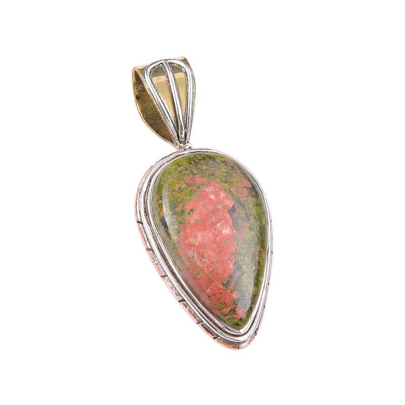 Natural Unakite Gemstone 925 Solid Sterling Silver Two Tone Pendant 1.50" g5V41