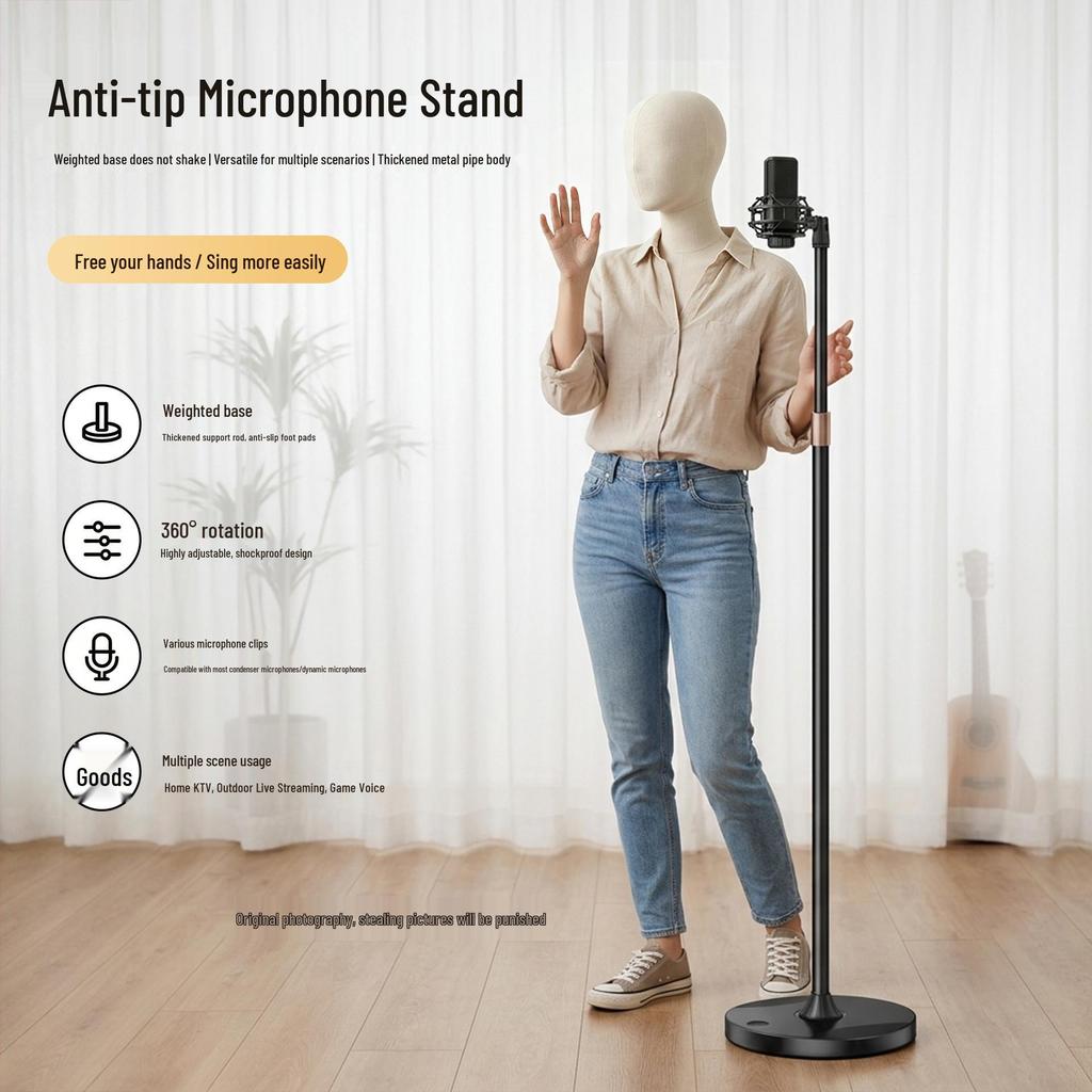 Professional Floor Microphone Stand with Weighted Round Base for Live Performances and Broadcasts