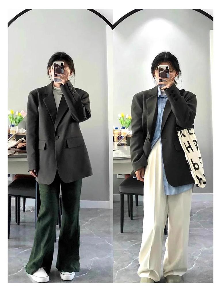 Women's High-End Grey Suit Jacket - Autumn 2025, Korean Style, Loose Casual Fit for Early Autumn