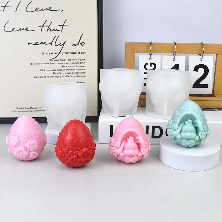 Relief Easter Egg Candle Silicone Molds Rose Flower Rabbit Head Resin Moulds Animal Bunny Gypsum Making Tools Lily Festival Gifts