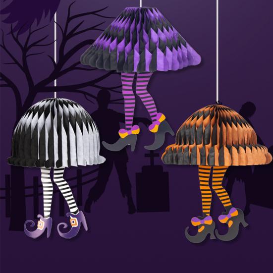 Witch Leg Halloween Decor Black & White Striped Hanging Ornaments with Purple Shoes Creepy Party Ceiling Decorations