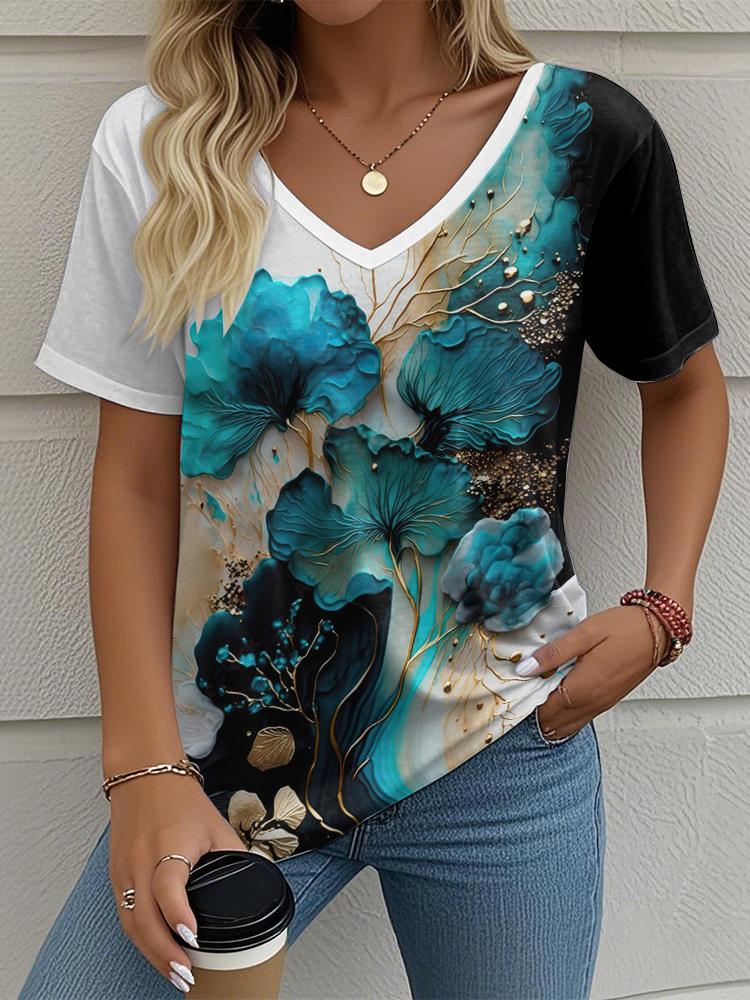 Flower Floral Painting 3D Print T-Shirts Women's V-Neck Short Sleeve T Shirt Y2K Oversized Tees Harajuku Tops Female Clothing