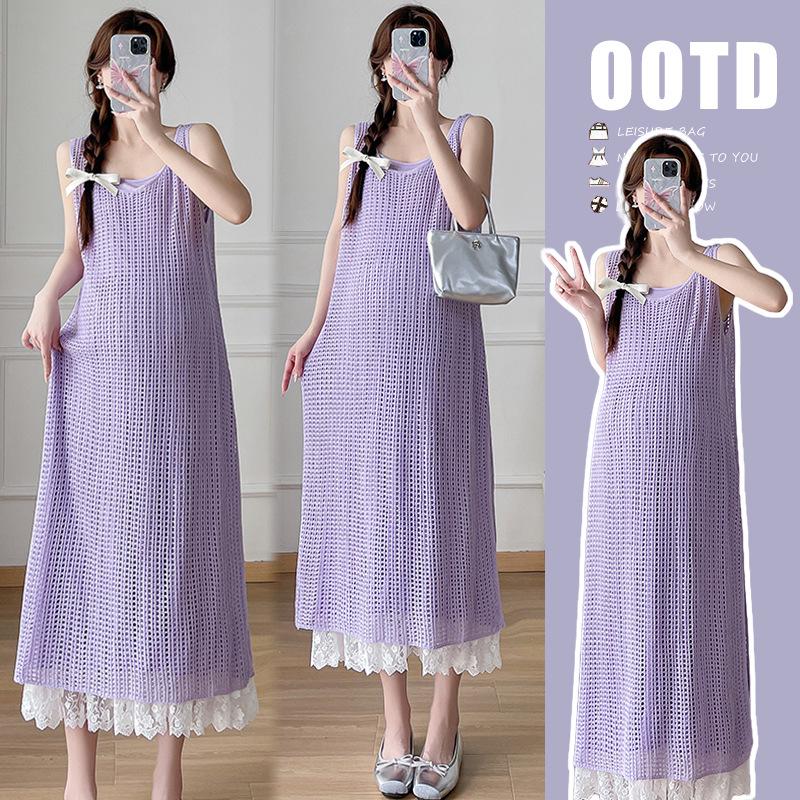 2026 Summer Chic Maternity French Set: Sweet Hollow Long Skirt + Inner Camisole Dress Extra Large (XL)