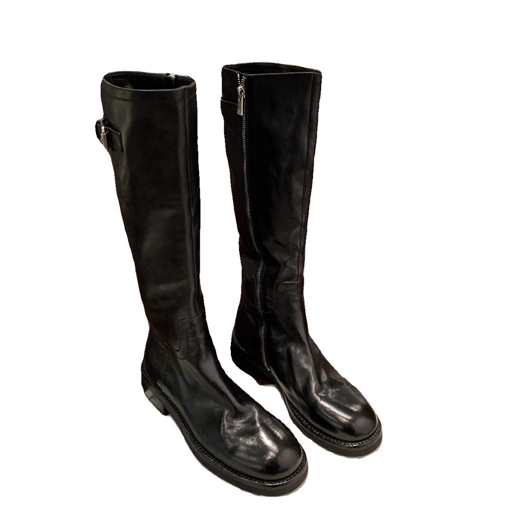 Vasket Kuskinn~ Ekte Skinn Svarte Retro Støvler Allsidige Grov Hæl Ridestøvler Dame Støvler Høye Støvler