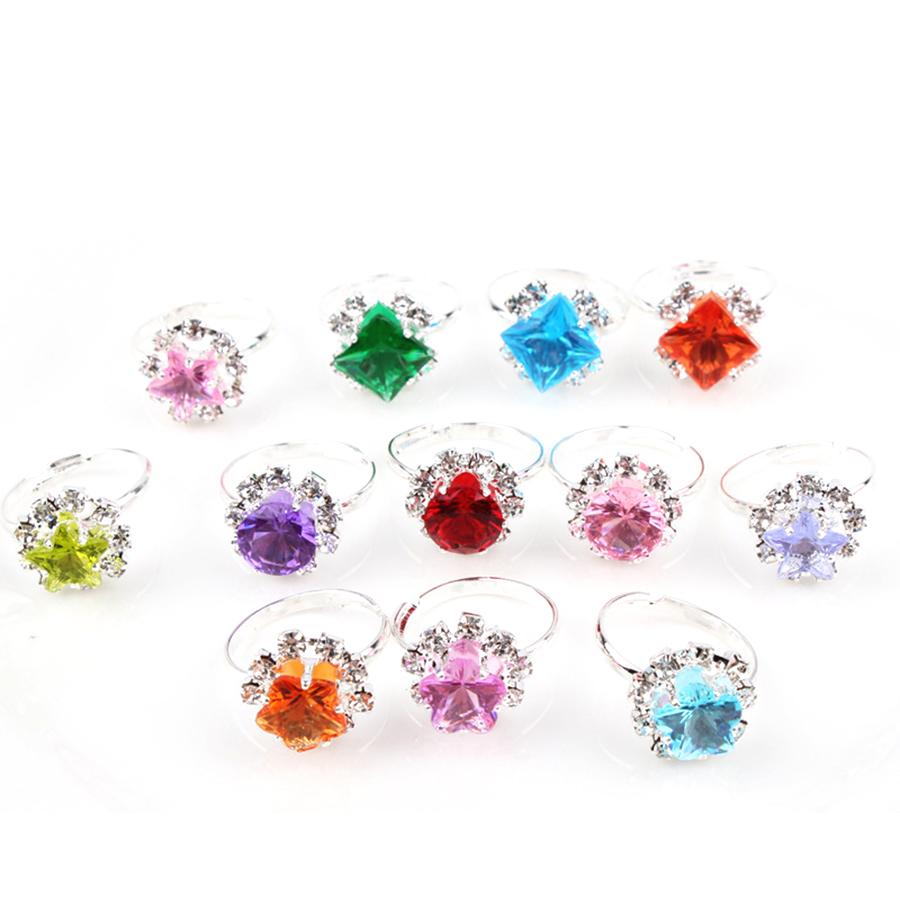 12pcs/Box Children Crystal Ring Toys Girl Dress Up Jewelry Toys Style Random Ship Boxed Cartoon Decorative Ring Gift for Kids