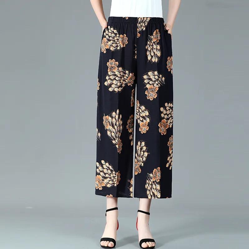 WTEMPO Cotton Hemp Blend Women Large Size Wide Leg Pants Mom High Waist Elastic Printed Thin Cropped Pants