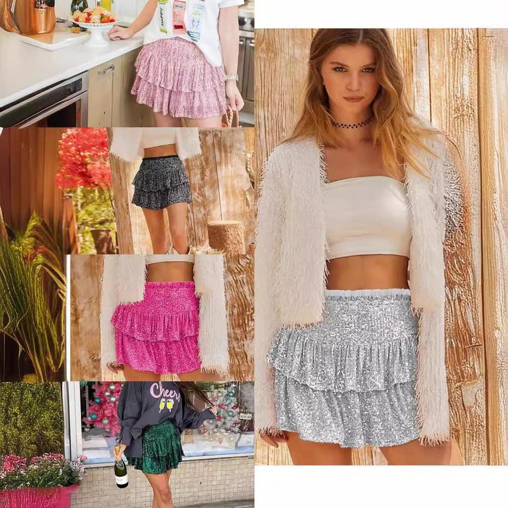 New Hot Style Spicy Girl Sequin Mini Skirt: Sexy, Solid Color, Pleated Design