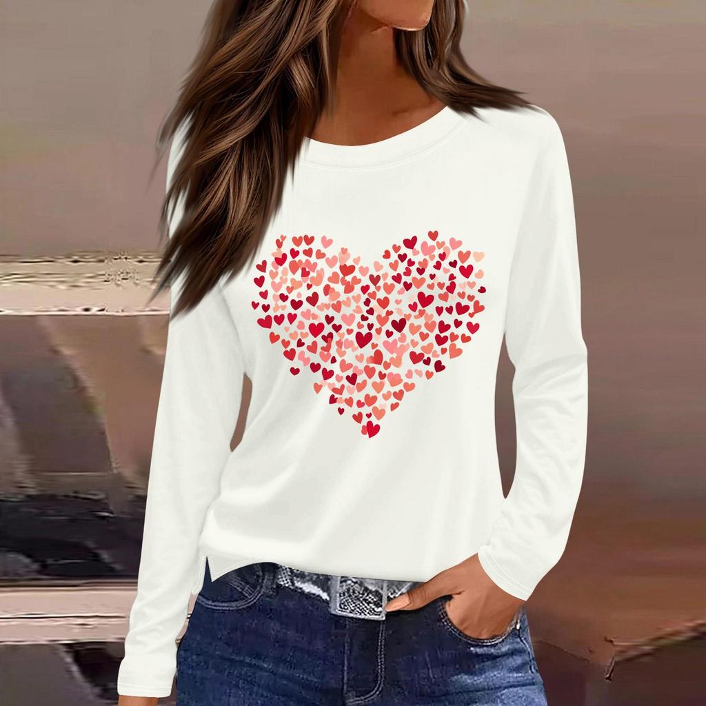 Women's Fashion Casual Slit Hem Round Neck Long Sleeve Loose Christmas Printed T-Shirt Ladies Top
