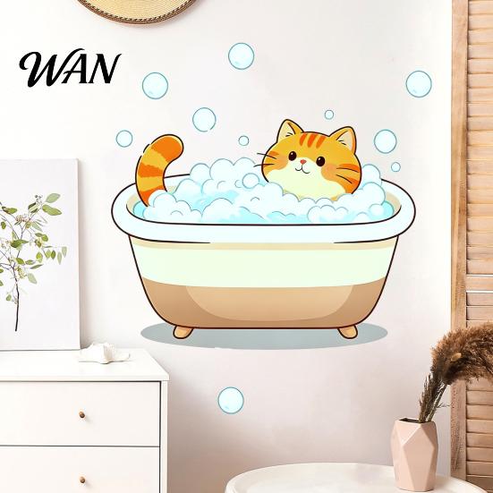 PVC Wall Sticker Cartoon Cat Sticker, Funny Orange Bathing/Licking Decal, Fade-resistant Peel And Stick Self-Adhesive Room Mural for Kitchen, Bathroom