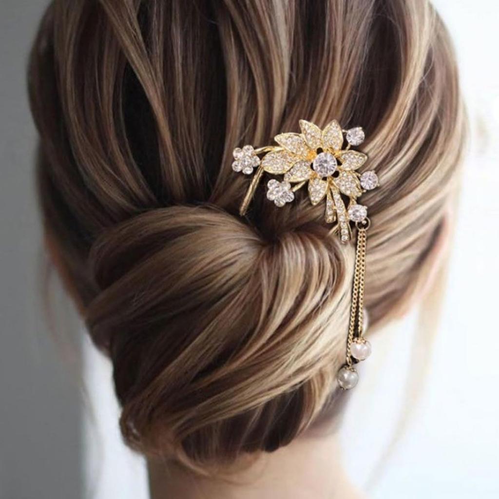 [MiaoMiao] Kanzashi Hair Ornament for Japanese Clothing, Yukata, U-shaped, Formal Kimono, Hair Accessory, Pearl, Metal, Antique, Crystal, Flower