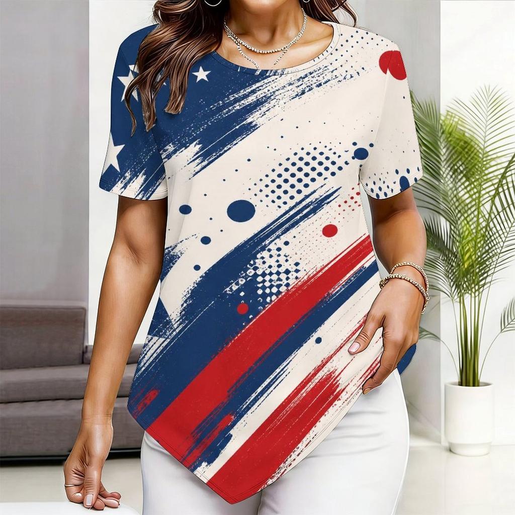 Women Plus Size Short Sleeve Asymmetric Hem Top Pink Crystal Heart Gem Glitter Print Blouse