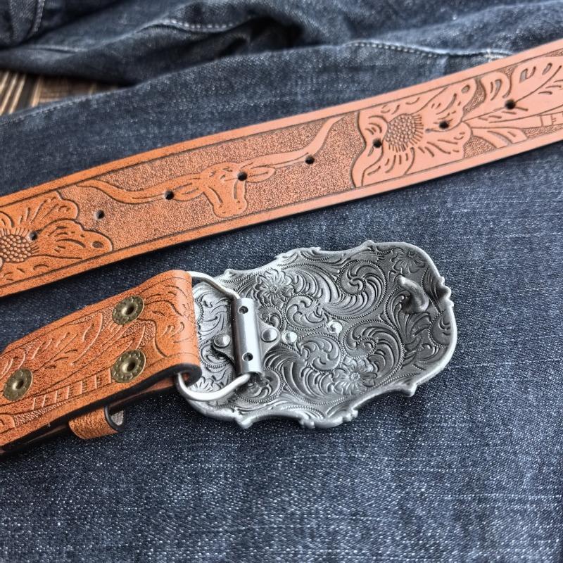 Western Cowboy Retro Bull Head Men's Belt - Embossed American Style Trendy Jeans Belt