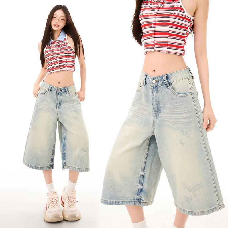 Fashion Summer Vintage Washed Relaxed Fit Loose Denim Cropped Capri Pants Trendy Versatile Slimming FigureFlattering Lazy Style