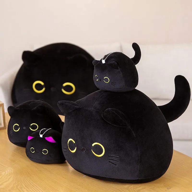 10/15/25CM Kawaii Cuddly Black Cat Plush Doll Cartoon Stuffed Round Ball Cat Plushie Girl's Bag Keychain Pendant Toys Ornaments