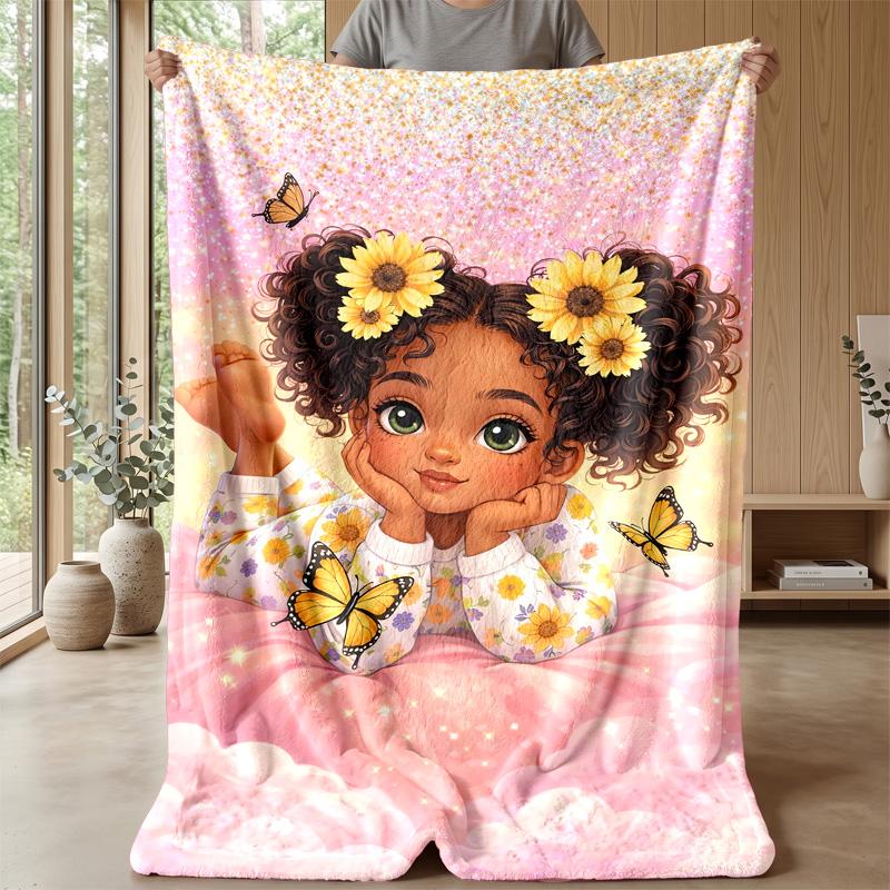Sunflower and Butterfly Woman Theme Blanket Lightweight Warm Flannel Blanket Decorative Throw Blanket for Home Decoration