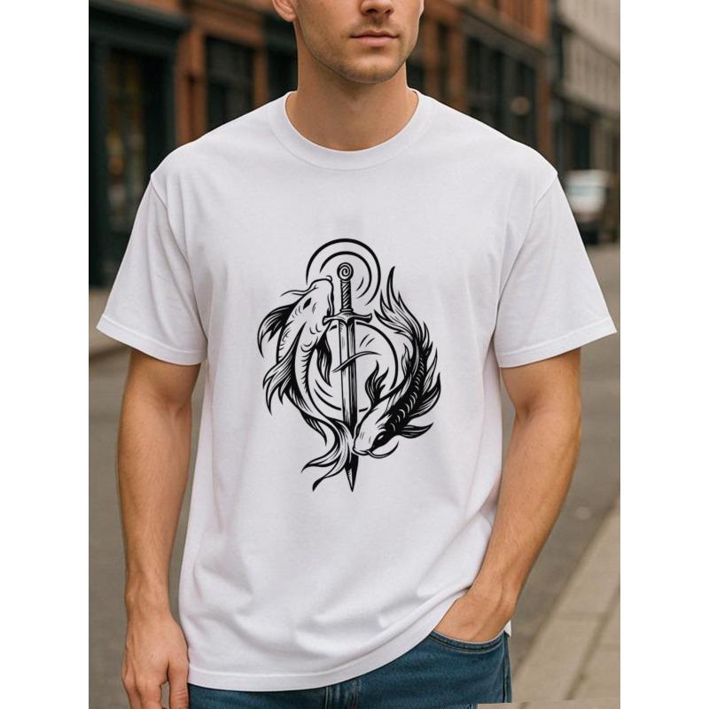 

Европейский Размер Таинственная Сила Симметричный Меч и Перо Пламя Тотем Мужская Футболка с Принтом с Коротким Рукавом, Повседневная Рубашка с Принтом для Поездок на Работу S белый
