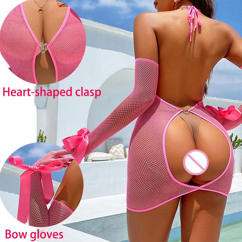 Hot Sexy Heart Fishnet Dress Woman Sexy Lingerie Fancy Bodysuit Lace Underwear Erotic Bodystockings Porn Outfits Night Queen Set