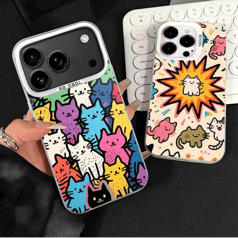 Cartoon Cute Cats Theme Soft Phone Case for iPhone 15 16 17 Pro Max 17Air 16E 14 Plus 13 12 Mini Shockproof Cover Back Shell