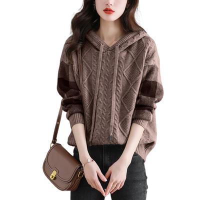 WoauNuiHll Kapuzenpullover Gestrickt Lang Zopfmuster Locker für Jeden Tag Büro Damen Pullover, Ärmel, Farblich Abgestimmt, Gestrickt, Passform, Weich, Tragen, Tragen, Herbst/Winter
