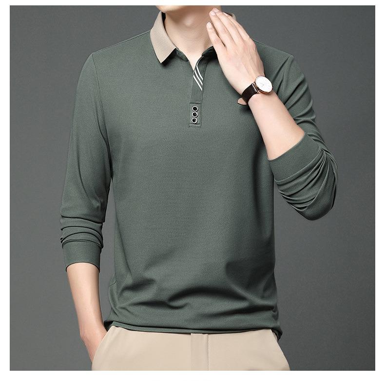 Polo de Manga Comprida Masculino de Primavera Gola Virada Cor Sólida Respirável Confortável Camisetas Casuais com Botões T-shirt Masculina