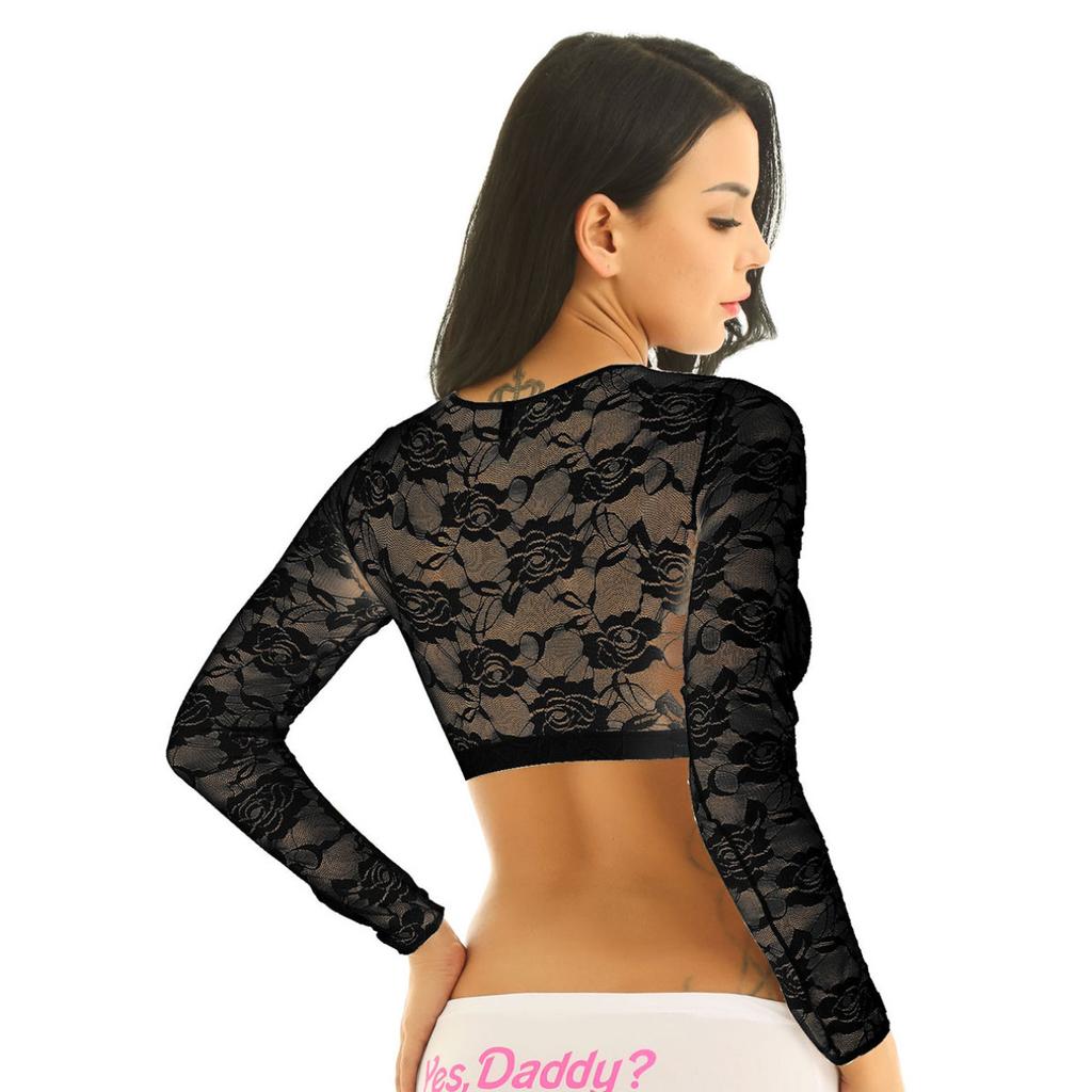 Women's Sexy Tops Lace Mesh See Through Long Sleeves Crop Tops Short Blouse T-shirt Clubwear Streetwear