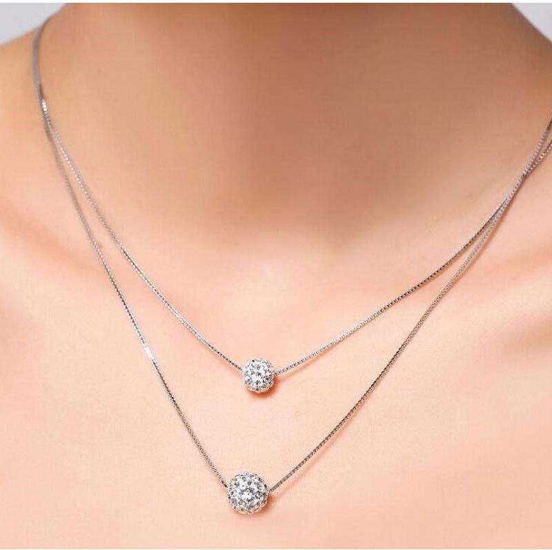Korean 925 White Gold Clavicle Necklace with Diamond Ball Pendant