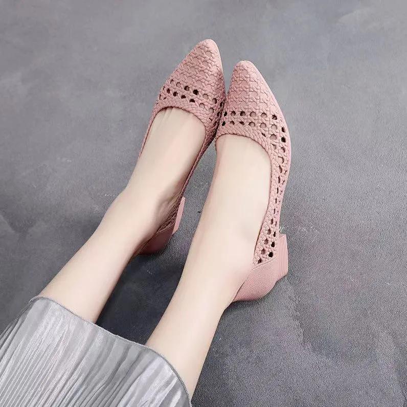WTEMPO Pointed Toe Spring Summer Large Size Solid Color Single Shoes Women's Low Thick Heel Anti Slip Casual Work Shoes