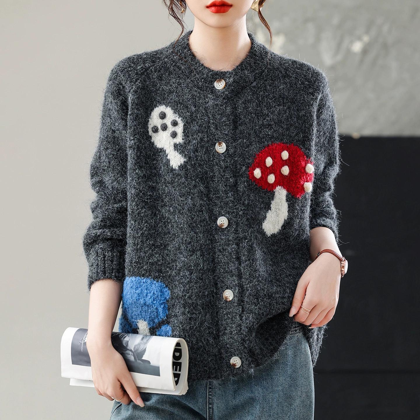 

DIMANAF 2025 Осень Свитера Кардиган Карманы Женщины Принт Узором Пуговицы Свитера Вязание Свободный Свитер One Size серый