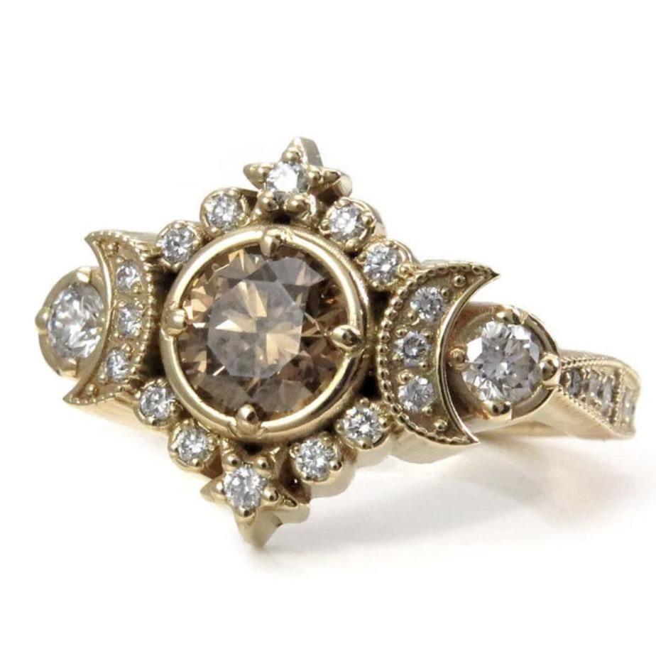 Moonlight star coffee diamond ring women's fashion versatile niche high-end zircon jewelry